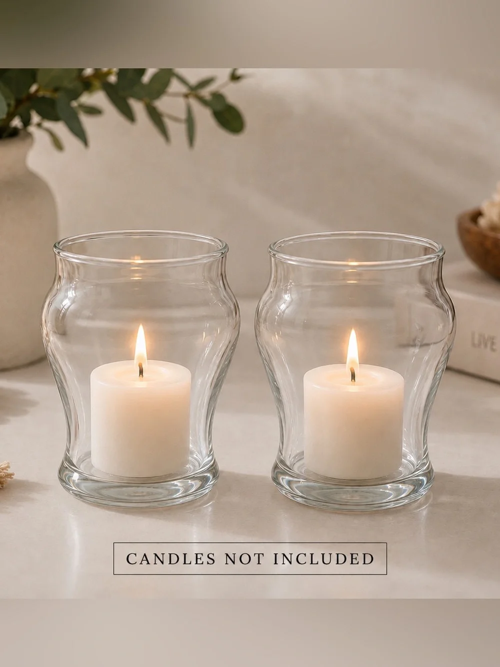 Set of 2 Clear Curved Glass Candle Votive Holders
